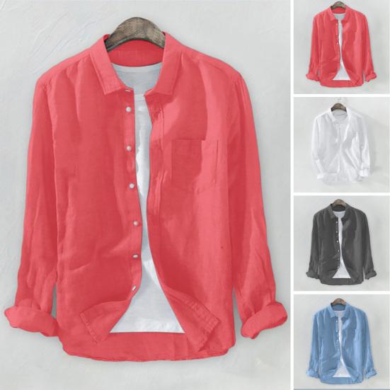 Men Autumn Shirt Solid Color Single-breasted Buttons Cardigan Long Sleeve Turn-down Collar Soft Wear-resistant Pocket Spring Shirt Daily Clothes