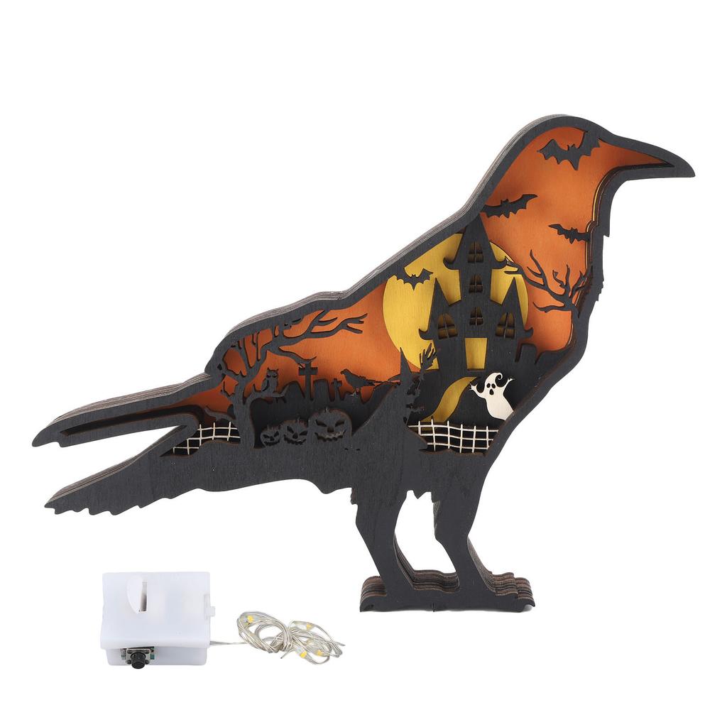 Wooden Carved Ornament with Light 3D Wood Carving Animal Crafts with Lights for Halloween Decoration