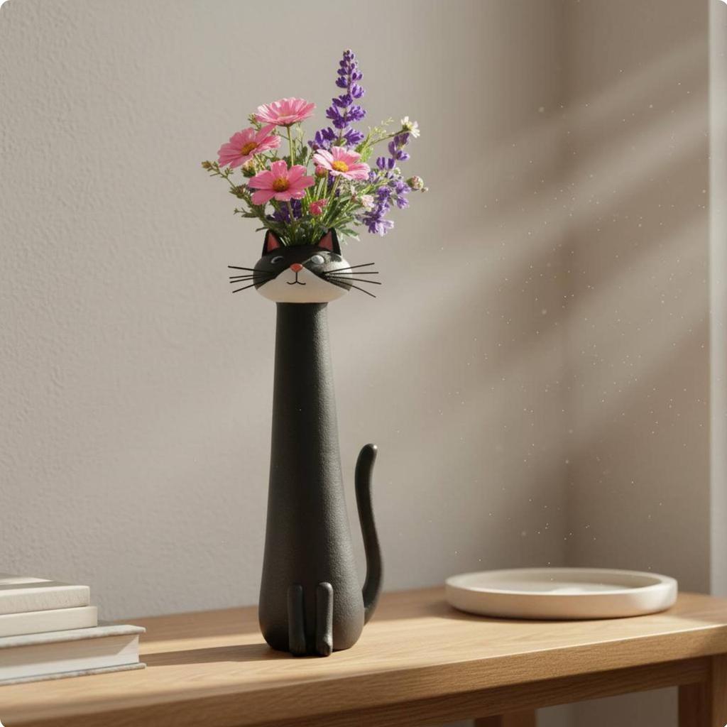 Whimsical Feline Vase Quirky Design Feline Vase Kitty Flower Pot Decorative Accent Resin Sculpture Planter Handmade Look
