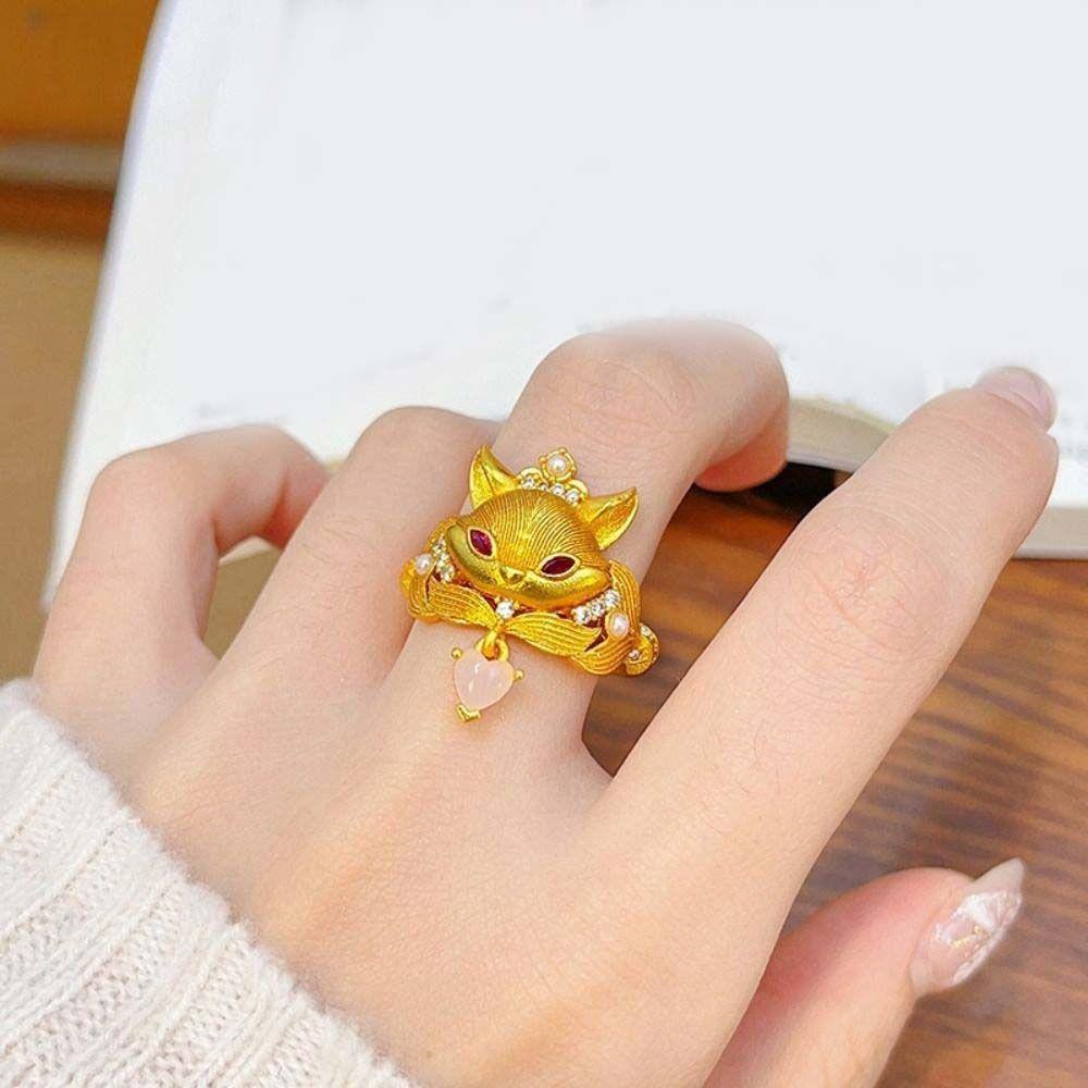 Golden Rhinestone Opening Ring Textured Animal Ring Creative Vintage Metal Ring Daily