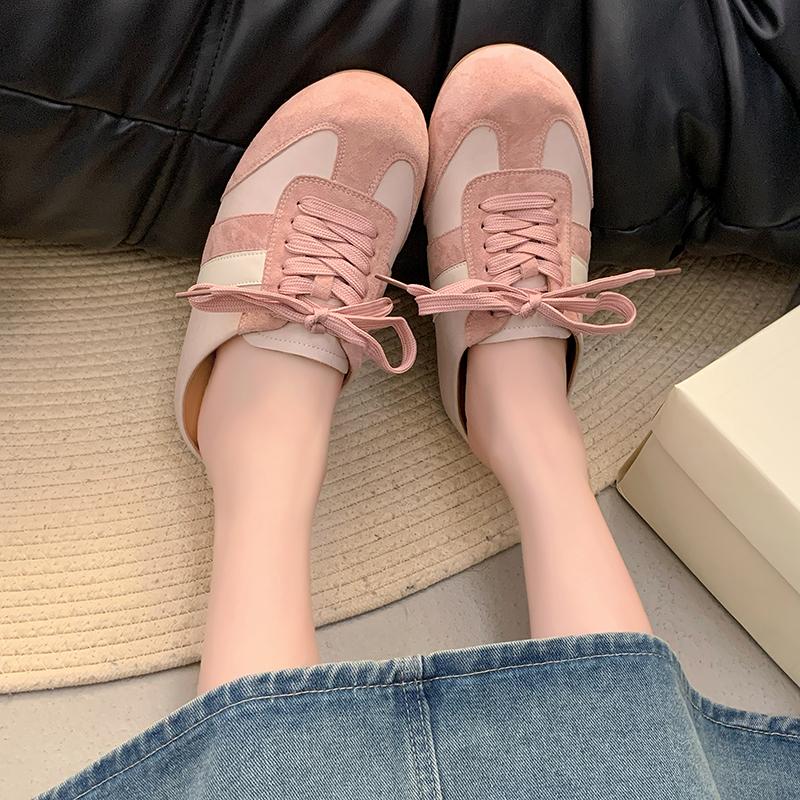 Весенние туфли-балетки для женщин, новый стиль, круглый носок, глубокий вырез, комбинированные, на шнуровке, мягкая подошва, нескользящие, на плоской подошве