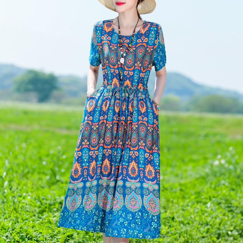Женское длинное платье больших размеров, летнее платье с коротким рукавом и винтажным принтом для женщин