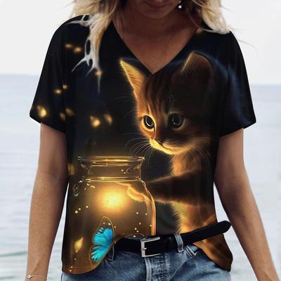 Милые женские футболки с котятами, V-образным вырезом, коротким рукавом, футболки в стиле Харадзюку, летняя женская мода, топы, свободная повседневная одежда, каваи