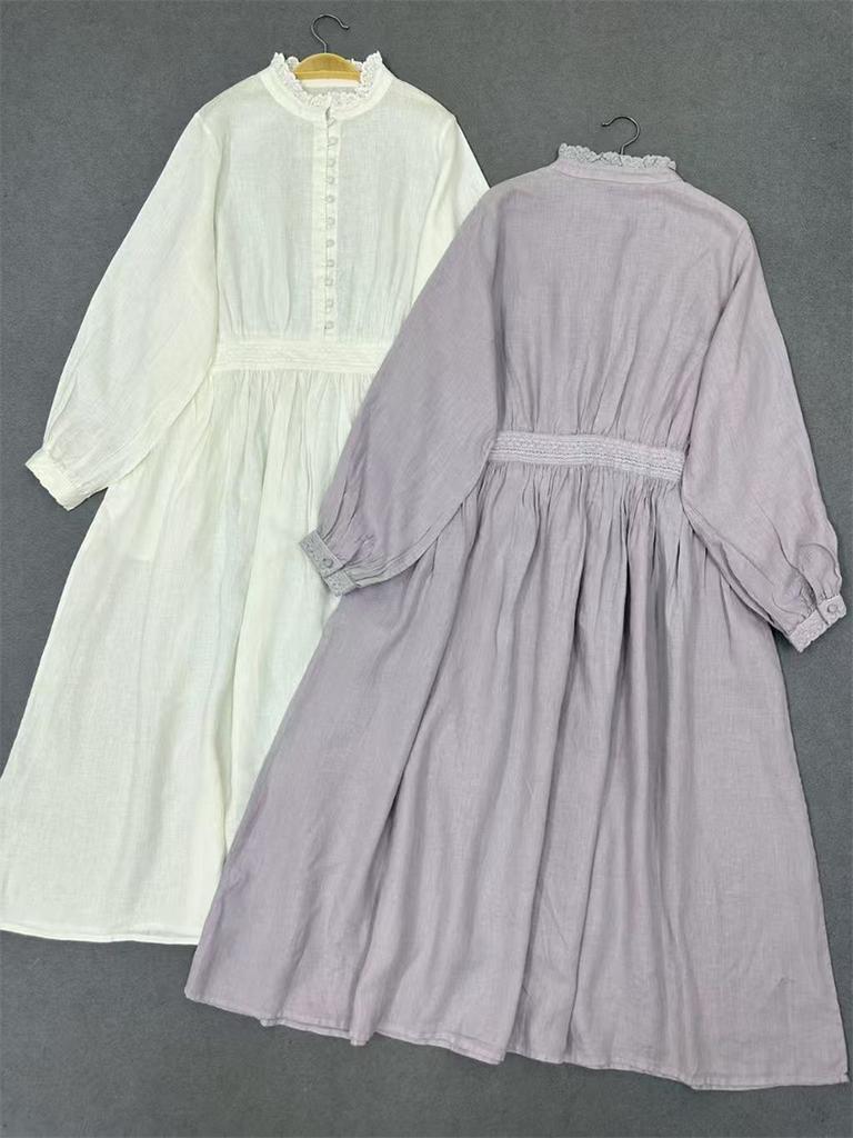 Johnature Весеннее платье с длинным рукавом, японский воротник-стойка, отделка «деревянное ушко», однотонное, винтажное, свободного кроя, женское