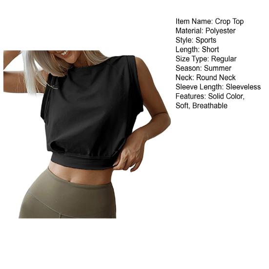 Women Summer Crop Top Sleeveless Round Neck Solid Color Slim Fit Pullover Short Length Fitness Sports Female Clothing