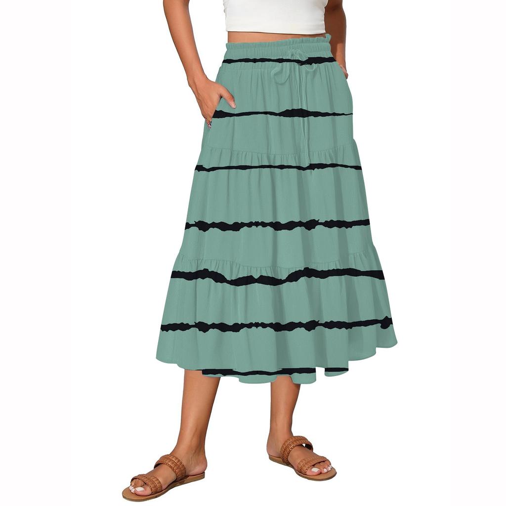 Women's Vintage Gradient Print Flowy Flared Ruffle A-Line Maxi Skirt