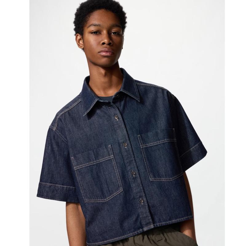 Uniqlo 483877 Джинсовая рубашка-коробка с коротким рукавом СИНИЙ НАВИ И НАТУРАЛЬНЫЙ Япония