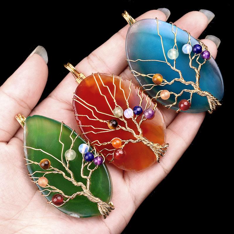 45~60mm Crystal Large Colorful Leaf Shape Wire-wrapped Tree of Life Pendant DIY Accessories Jewelry