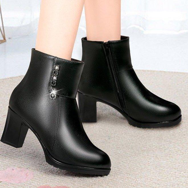 New Fashion Short Boots Women's Side Zipper High Heel Short Tube Middle-aged and Elderly Velvet Cotton Boots Warm Women's Leather Boots Autumn