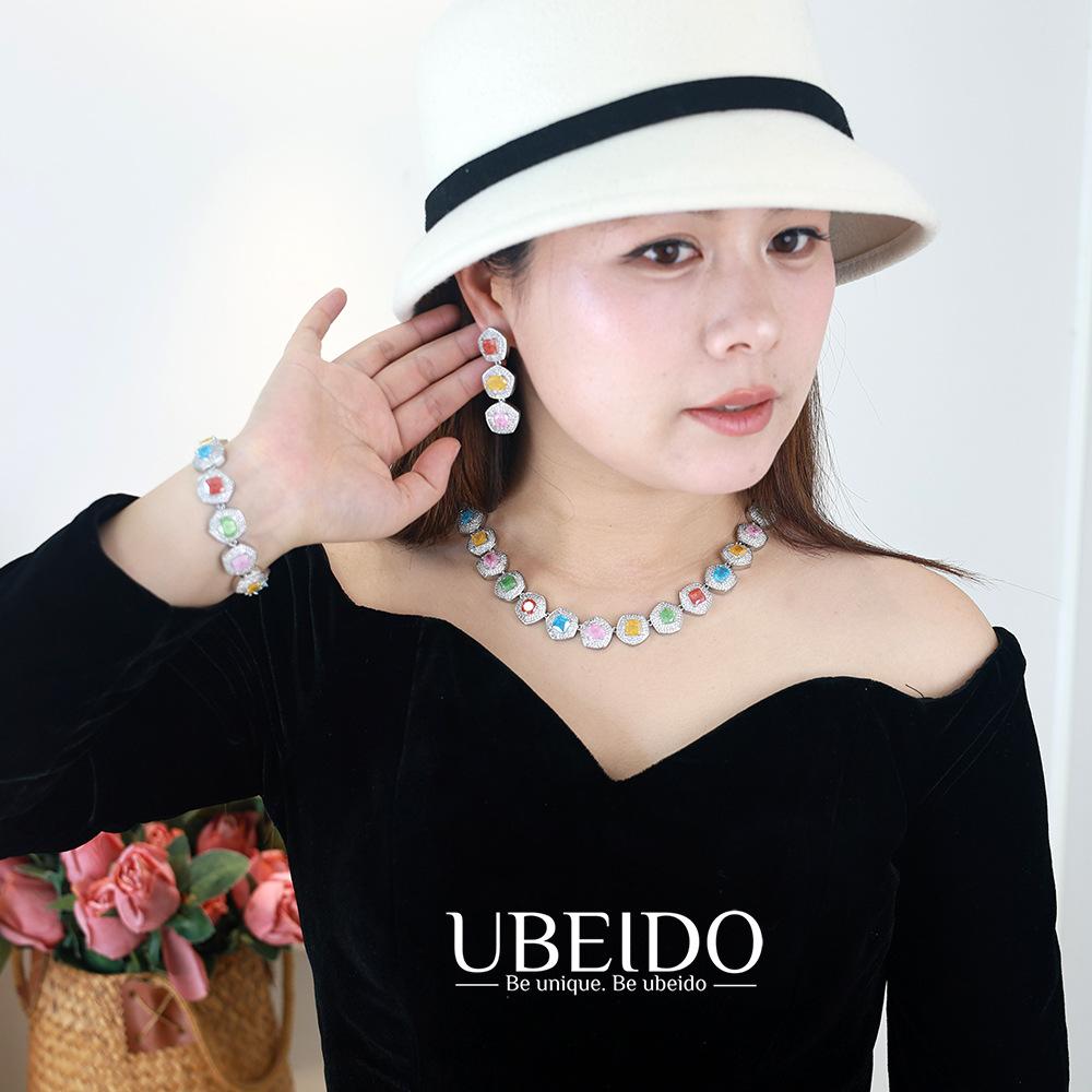 Luxury Multicolor Zircon Necklace Earring Bracelet Set for Women Elegant Geometric Design Crystal Jewelry Party Wedding gift