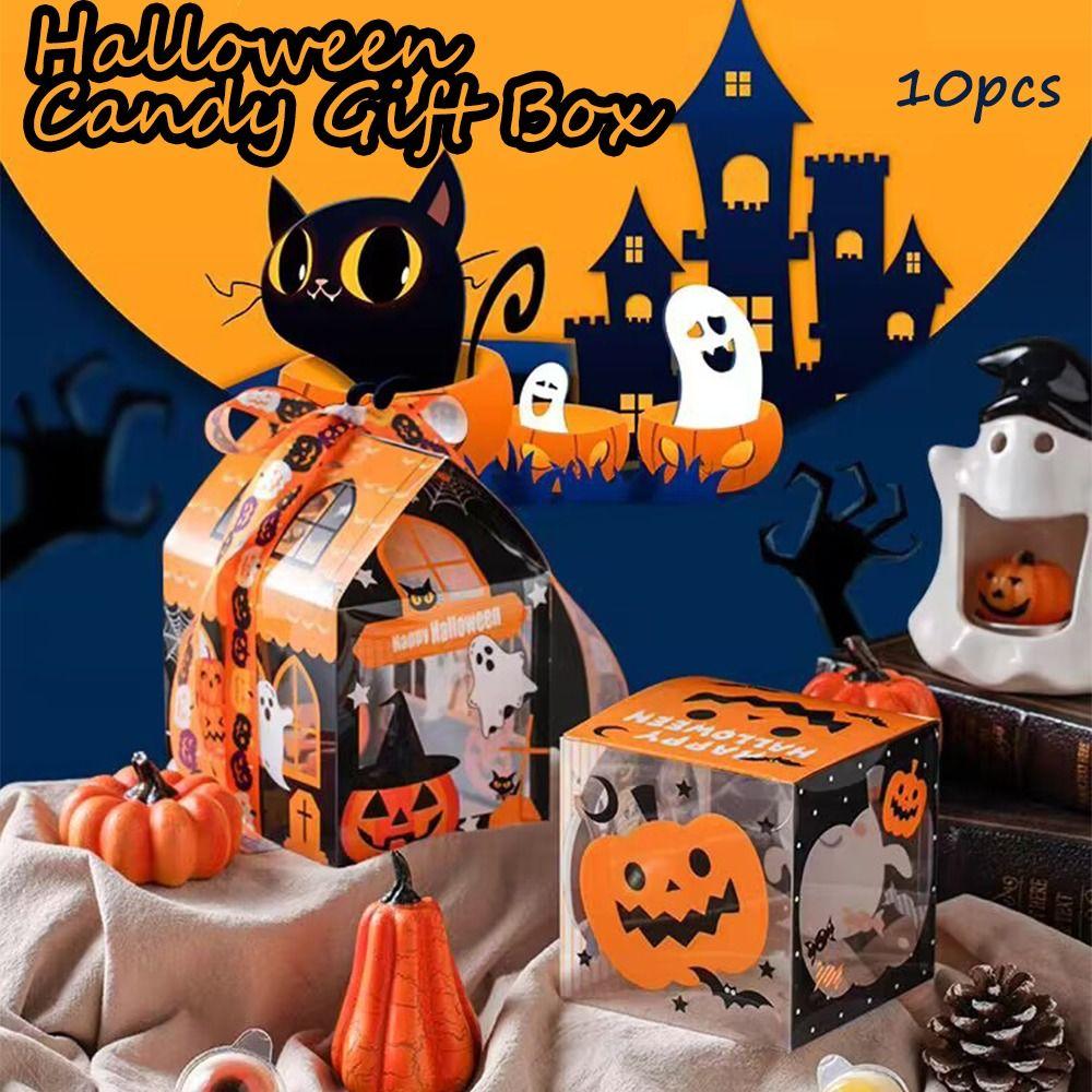 10Pcs Trick or Treat Snack Packaging Box Cartoon Ghost House Cookie Box Halloween Decoration