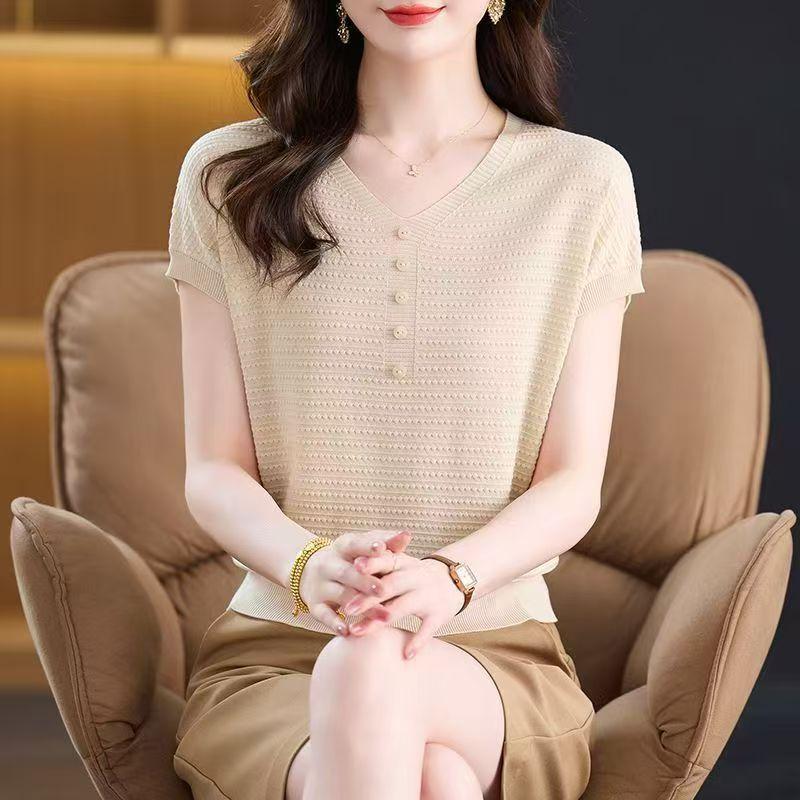 Летняя женская трикотажная футболка с коротким рукавом, трикотажный свободный топ, стройнящая мама