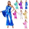 Womens Shiny Metallic Flare Sleeve Dance Unitard One Piece Bell-bottom Carnival Performance Bodysuit