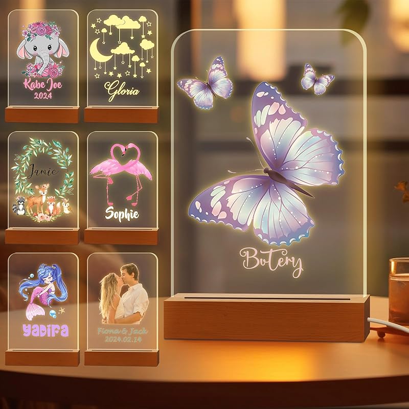 Персонализированный ночник для детей, выгравированное имя, акриловые светодиодные лампы с деревянной основой для детской спальни, декоративный ночник, индивидуальный день рождения