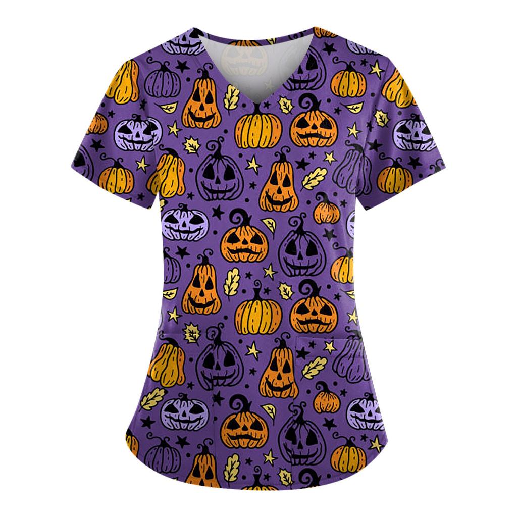 Женский модный повседневный топ с v-образным вырезом и принтом на Хэллоуин, защитный рабочий костюм