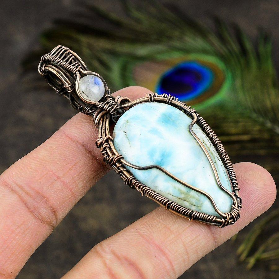Caribbean Larimar Handmade Copper Wire Wrap Jewelry Pendant 2.76" g3P37