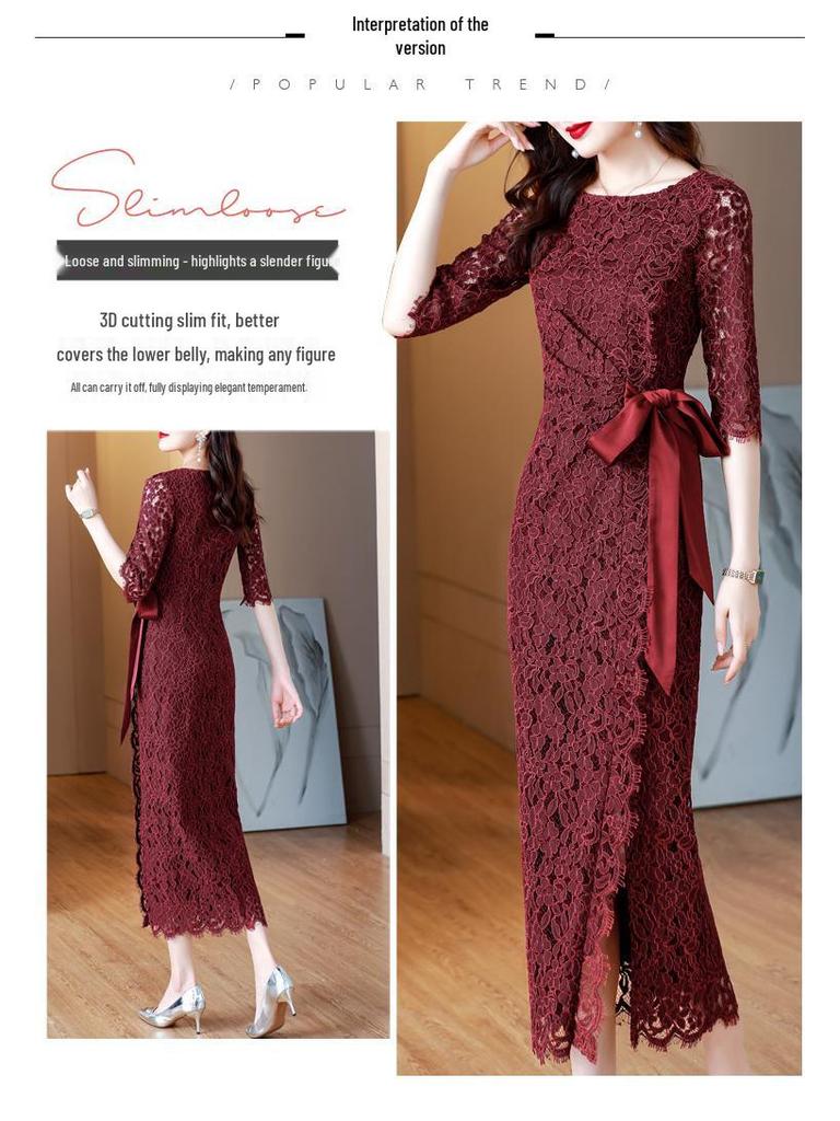 Летнее вечернее платье из красного вина в стиле ретро с кружевом 2023