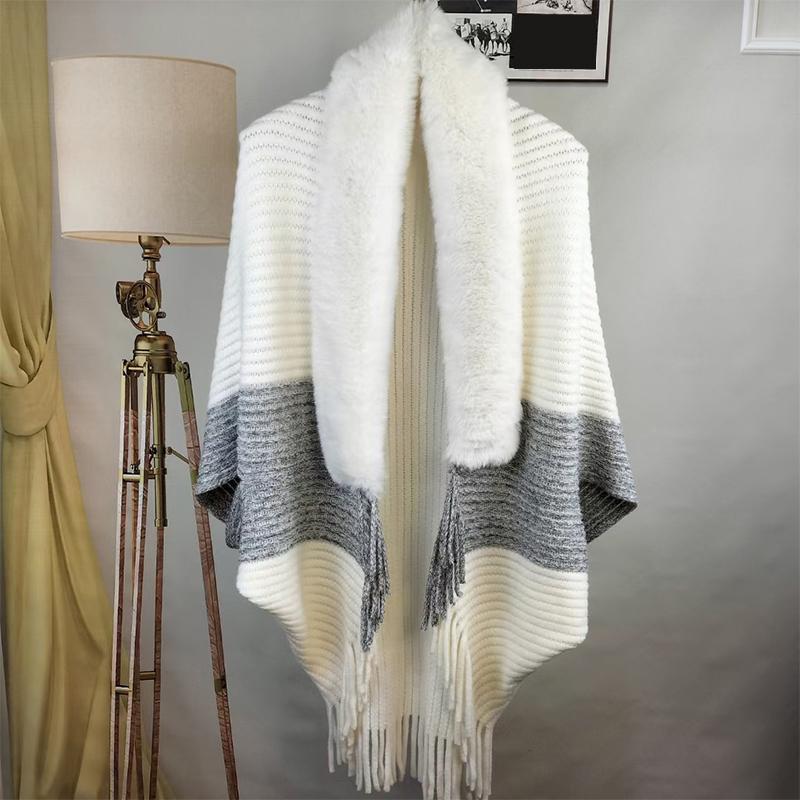 Winter Tassels Poncho Cloak Shawl Oversize Women Warm Faux Fur Collar Knit Cardigans Batwing Wraps Neck Fur Scarves Capes Coat