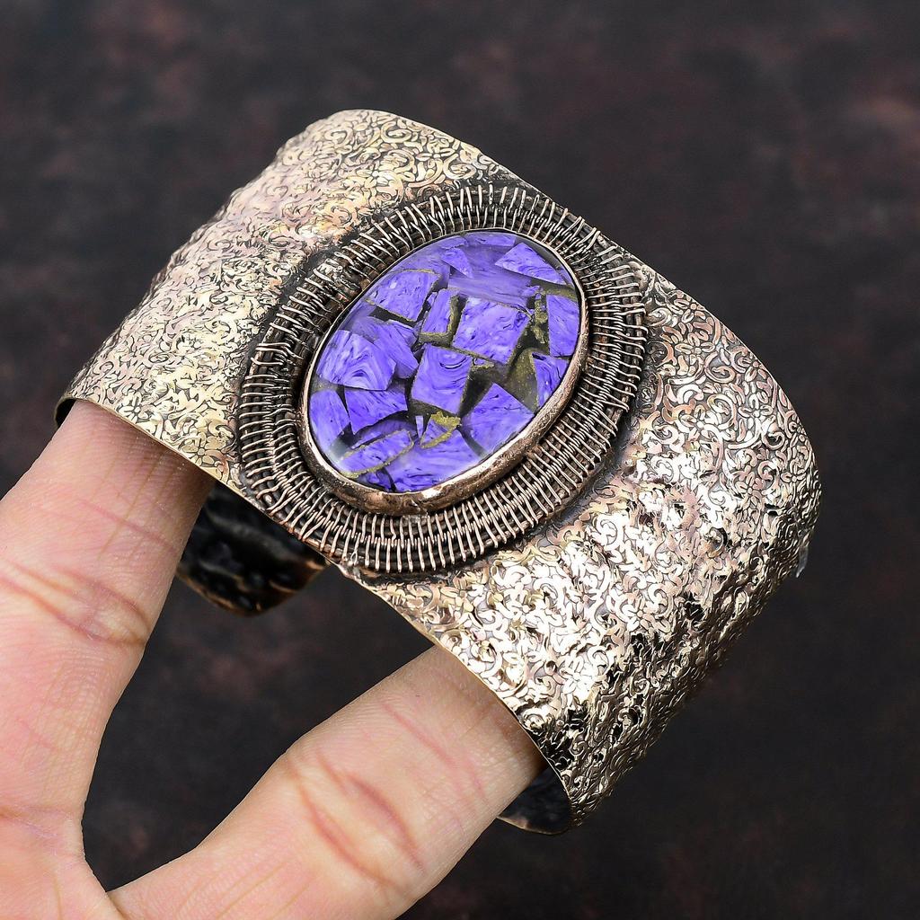 Браслет-манжета из медного чароита Браслет из медной проволоки Регулируемый браслет-манжета Ювелирные изделия из медной проволоки Браслет из драгоценных камней ручной работы Подарки для него