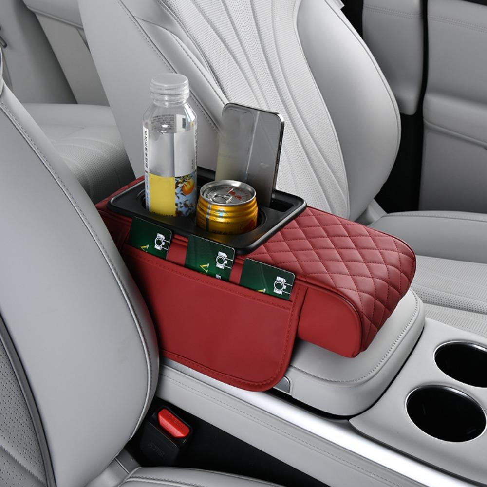 Car Center Console Height Increasing Armrest Cushion Multifunctional PU Leather Armrest Pad with Cup Holder Universal