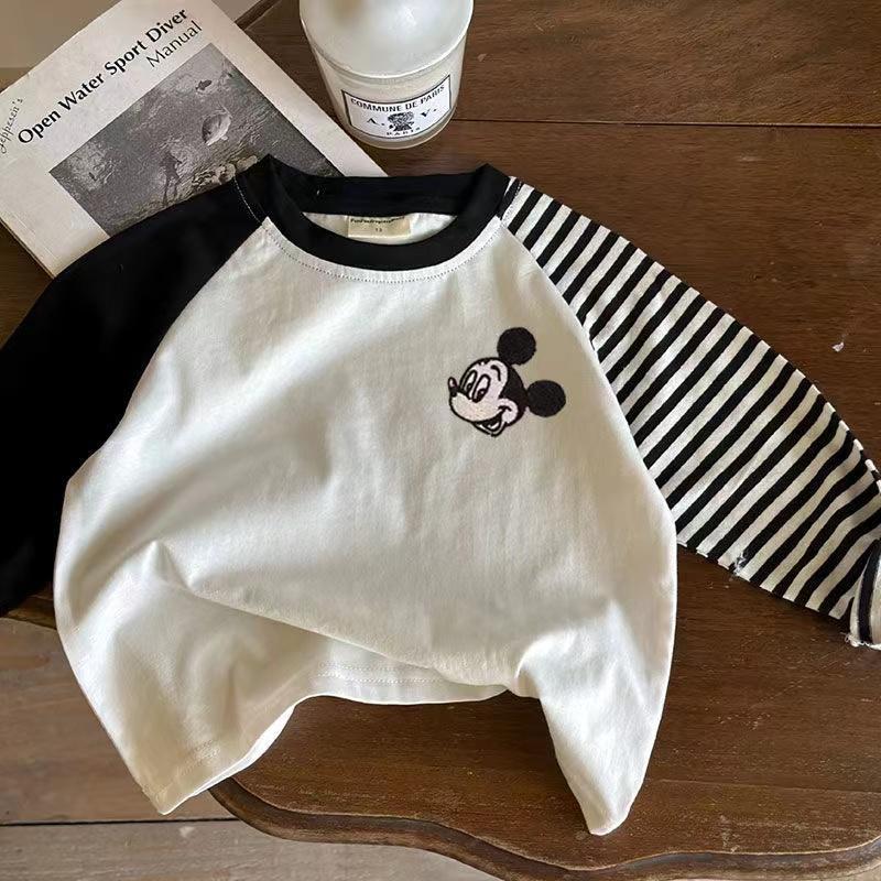 Kids Cotton Embroidered Raglan Stripe T Shirt Boys Girls Korean Casual Base Layer Top