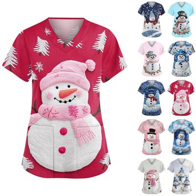 Женский модный рабочий топ с V-образным вырезом, рождественским принтом, короткими рукавами, карманом, боковым разрезом, базовый пуловер