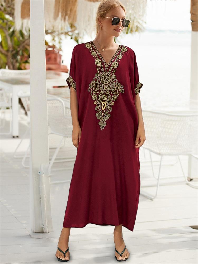 EDOLYNSA Bohemian Plus Size Embroidered Kaftan V-neck Puff Sleeve Casual House Dress 2024 Women Summer Beachwear Swimsuit Cover-ups Q1581