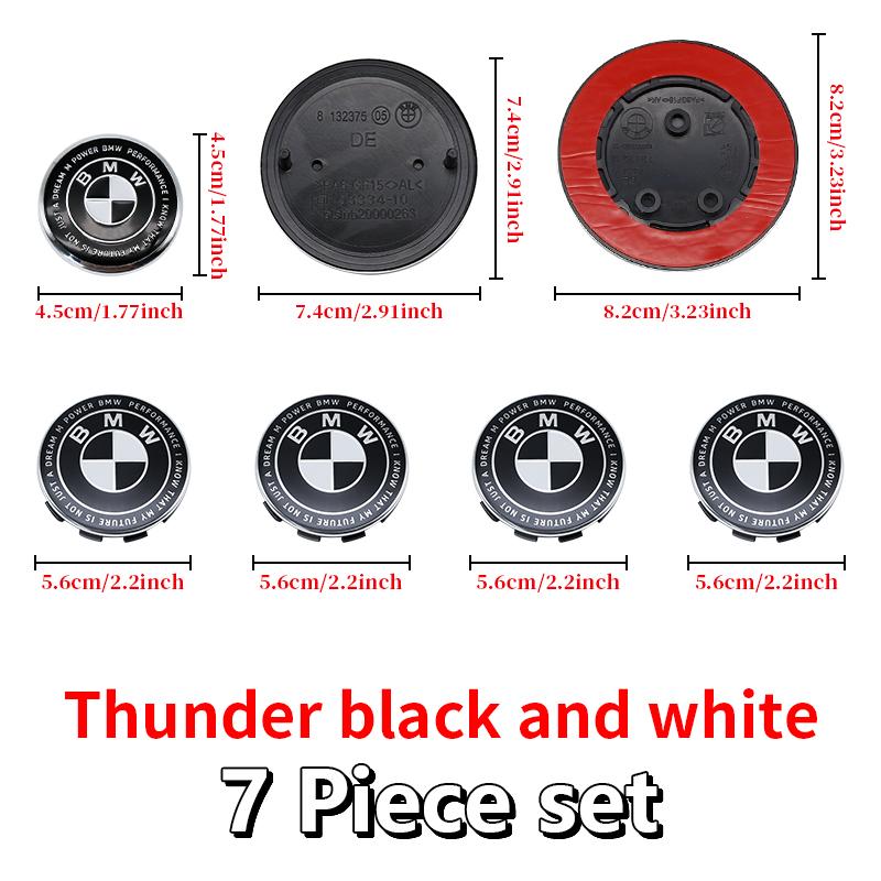 BBKR7 Car Thunder black white Logo Front Hood Emblem 82mm+Rear Badge 74mm+Wheel Hub Cap 68mm+56mm steering wheel sticker For All BMW