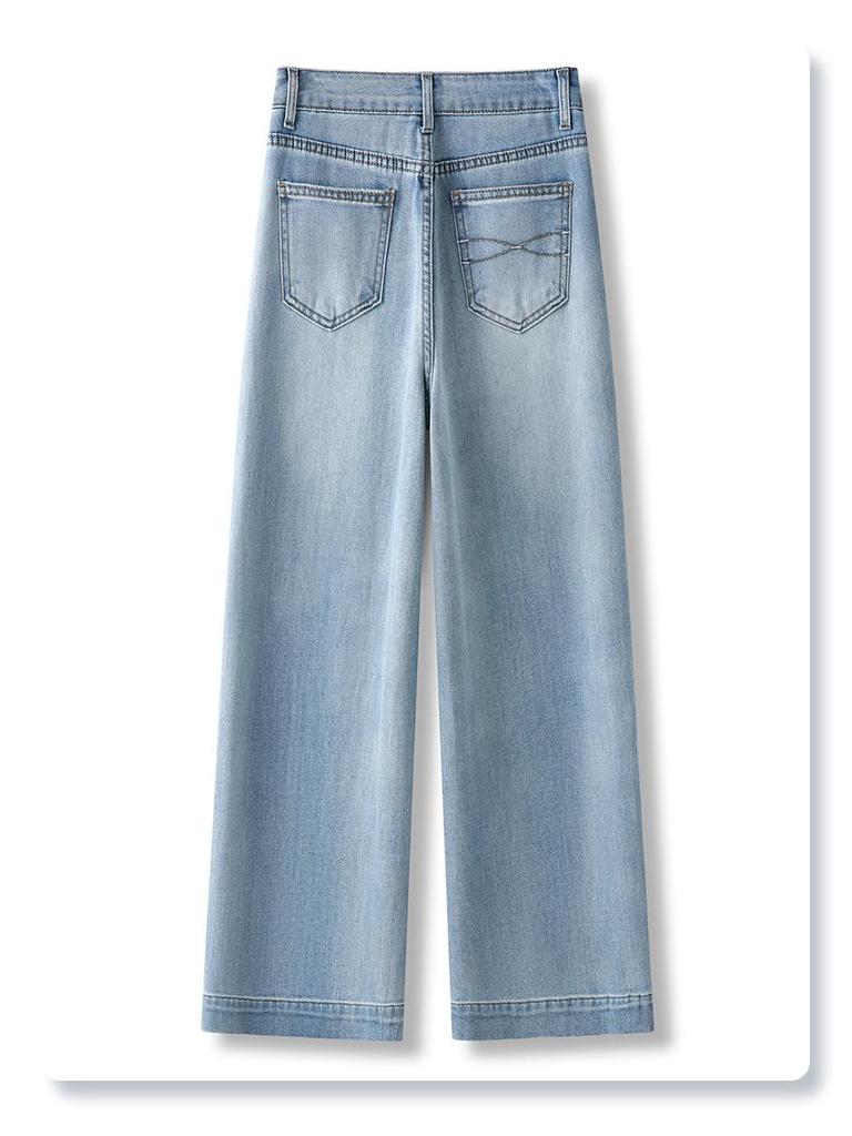 Лето 2025 Женские джинсы из ретро-синего денима с высокой посадкой - Широкие штанины, Слим-фит, Укороченная посадка