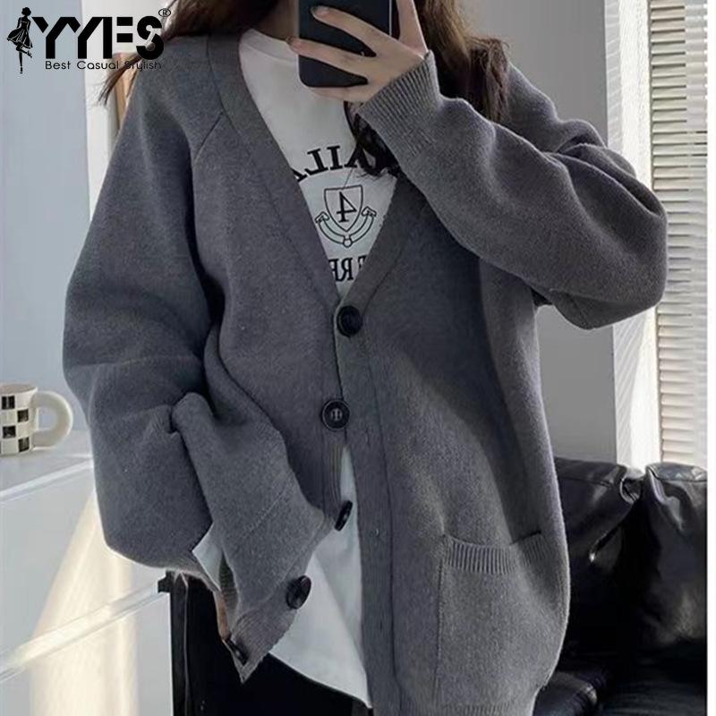 YYFS Женская мода повседневная осень-зима однотонный принт длинный рукав V-образный вырез свитера