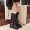 Брюки Штаны Ботинки Толстоподошвенные Высокие Рыцарские Ботинки Женские 2025 Осень и Зима Новые Ботинки Spice Girl Маленькие Ретро Ботинки с Мехом