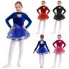 Girls Sparkling Sequins Dance Dress Mock Neck Long Sleeve with Velvet Patchwork Tutu Skirt for Performance 6-14