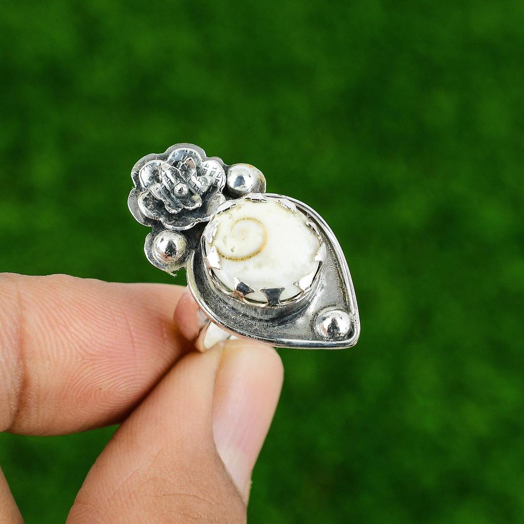 Natural Shiva Eye Shell 925 Silver Promise Flower Adjustable Ring For Girls
