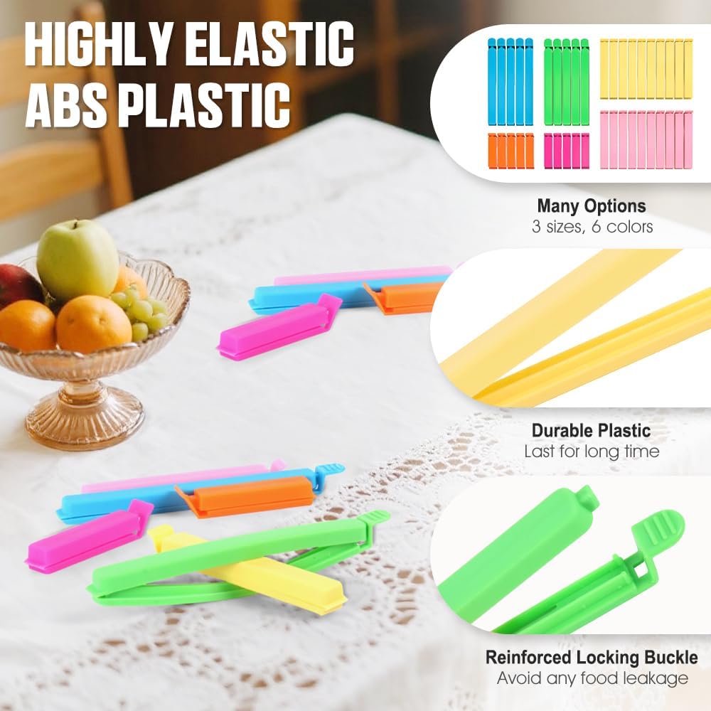 40 PCS Food Bag Clips, Color Mixing Chip Bag Clips in 3 Sizes, Kitchen Sealing Clips with Curved Design, Plastic Bag Clips for Food, Chip, Snack,