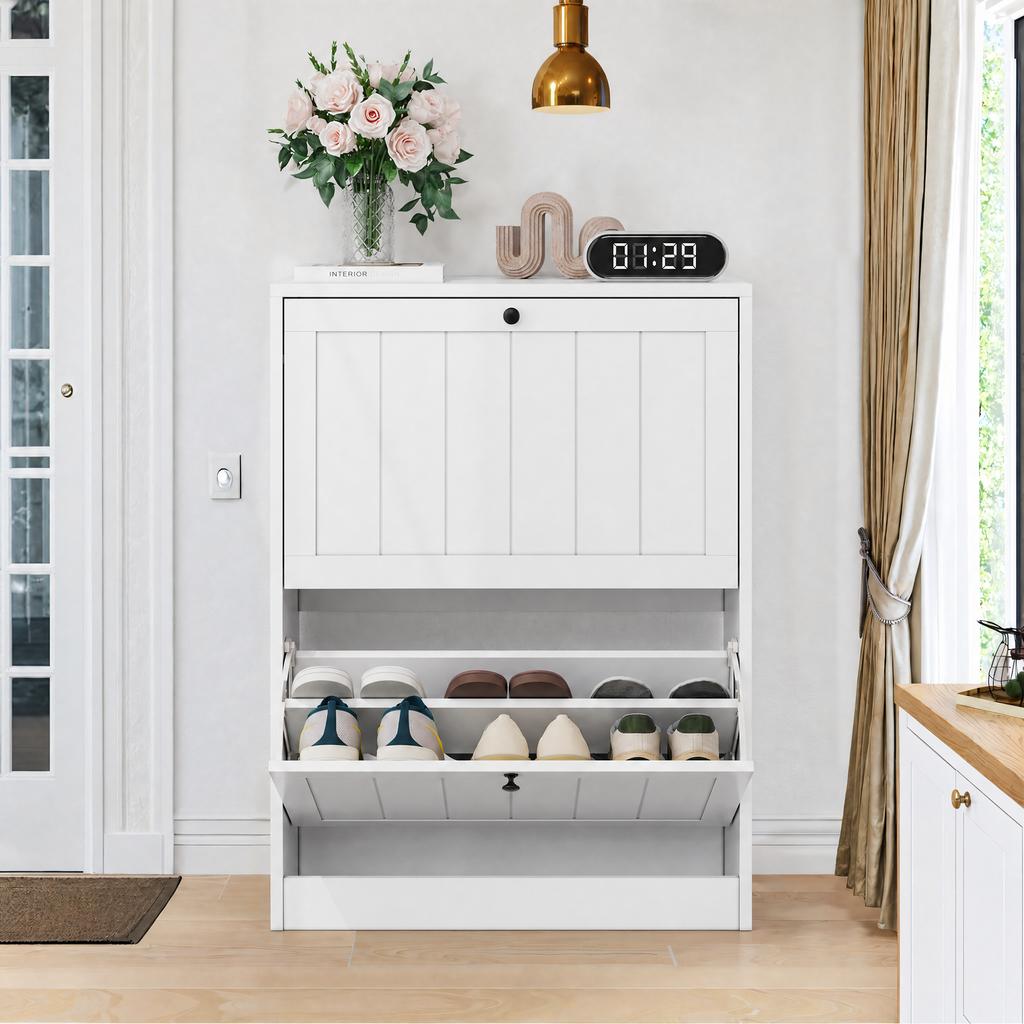 60 cm White Shoe Cabinet, Freestanding, Mid-Century Modern Style, Hidden, with 2 Flip Drawers, Suitable for Hallways and Entrance Areas