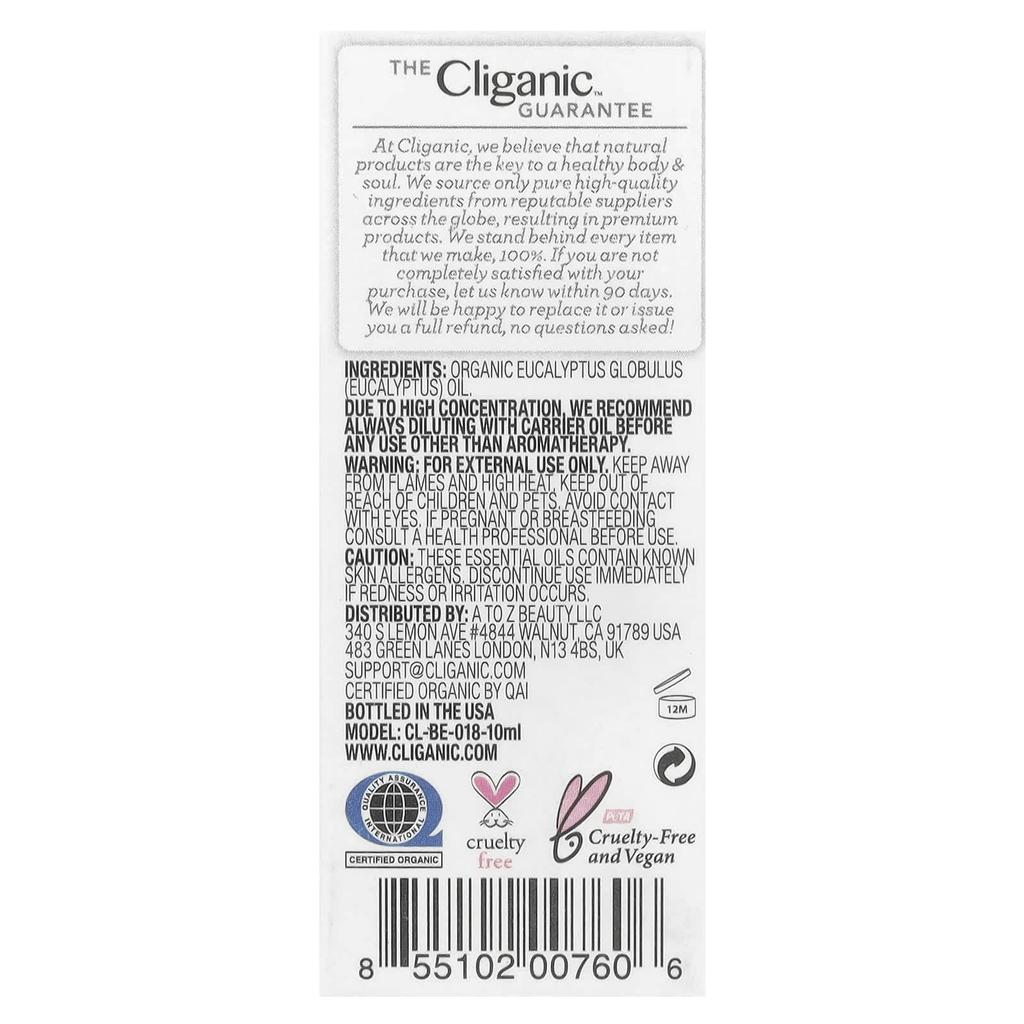 Cliganic Organic Essential Oil, Eucalyptus, 0.33 Fl Oz (10 Ml)
