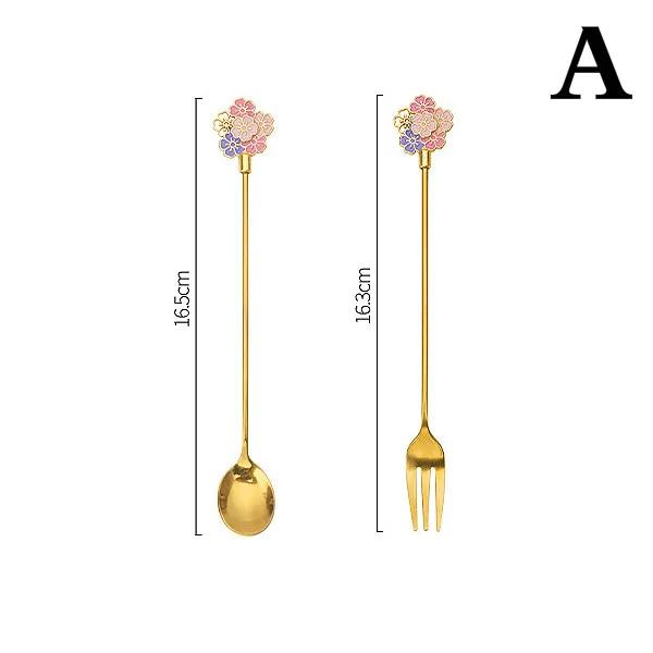 2PCS Cherry Blossom Spoon Fork Stainless Steel Coffee Spoon Home Kitchen Star Long Handle Stirring Spoon