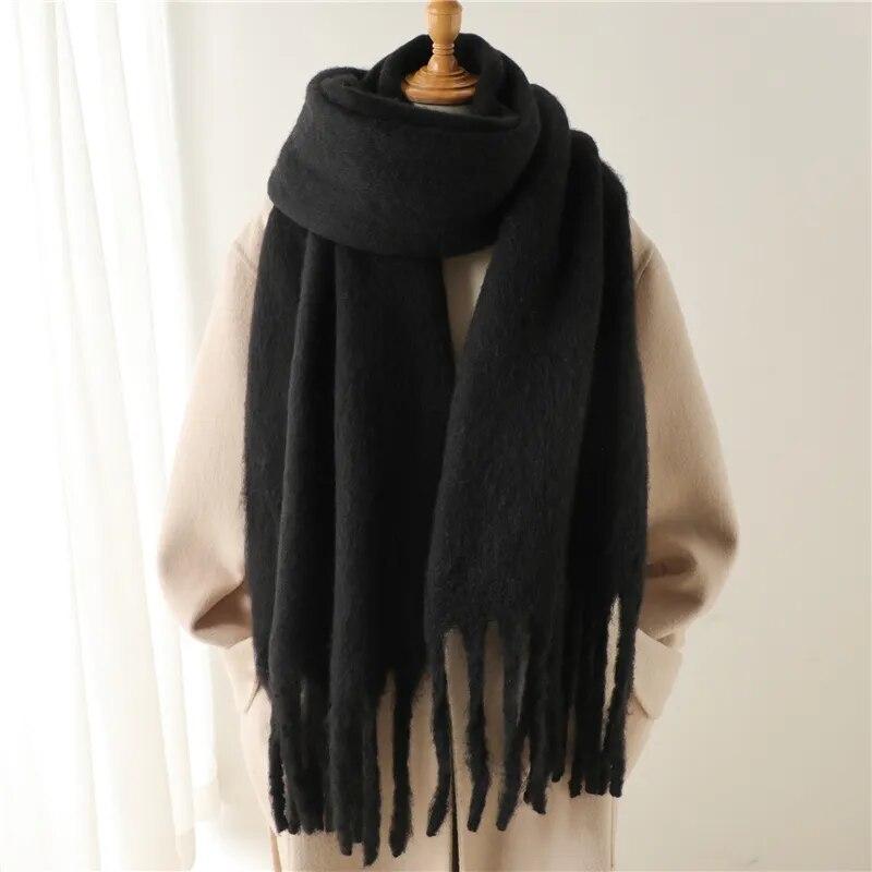 Winter Scarf Women Luxury Mohair Scarf Cashmere Warm Pashmina Solid Female Scarves Wraps Thick Soft Bufanda Big Tassels Shawl Long Stole Scarf