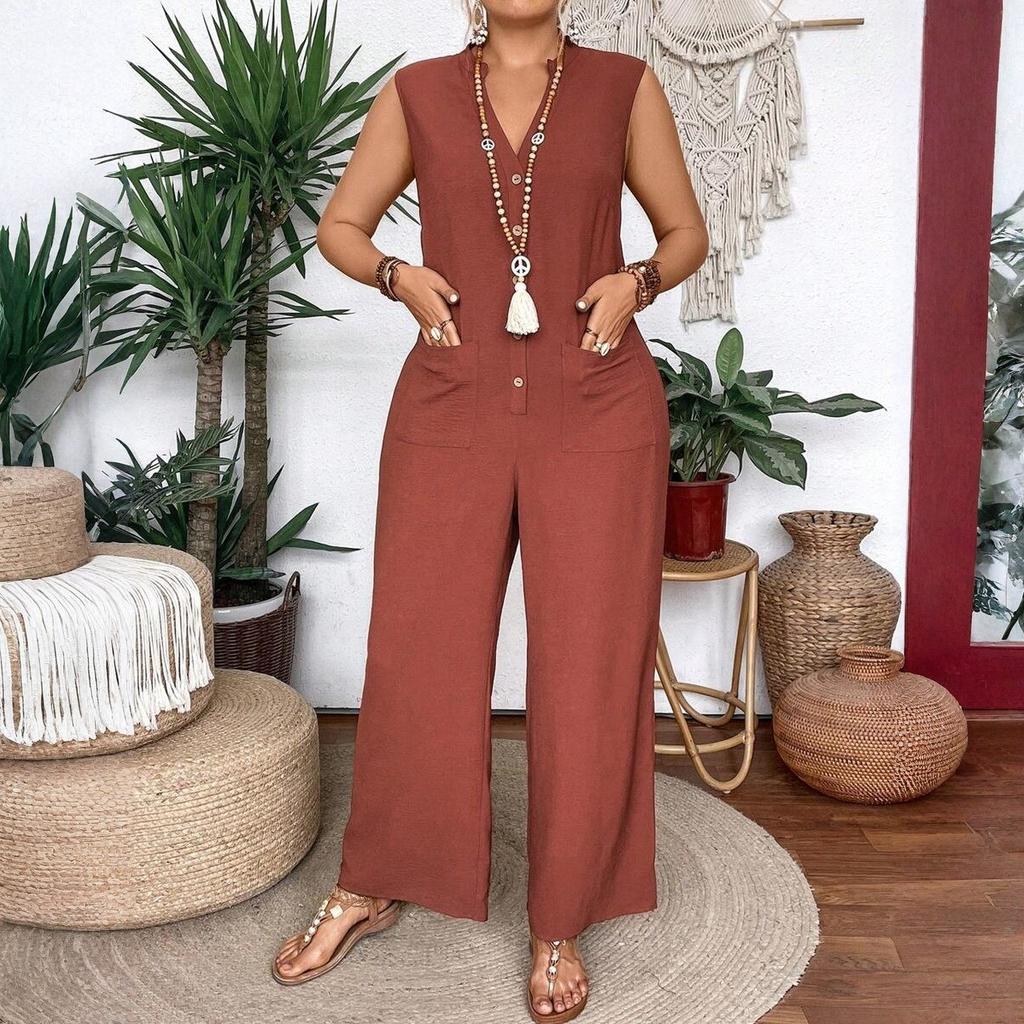 Женский летний повседневный модный комбинезон большого размера однотонной расцветки без рукавов, свободный и удобный, с широкими штанинами