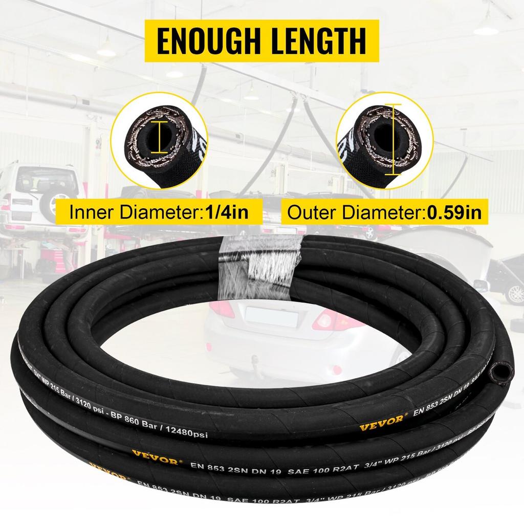 Hydraulic Hose 1/4 inch x 328 ft, Coiled Hydraulic Hose 5800 PSI, Rubber Hydraulic Hose with 2 High-Tensile Steel Wire Braid, Bulk Hydraulic Hose -20℃