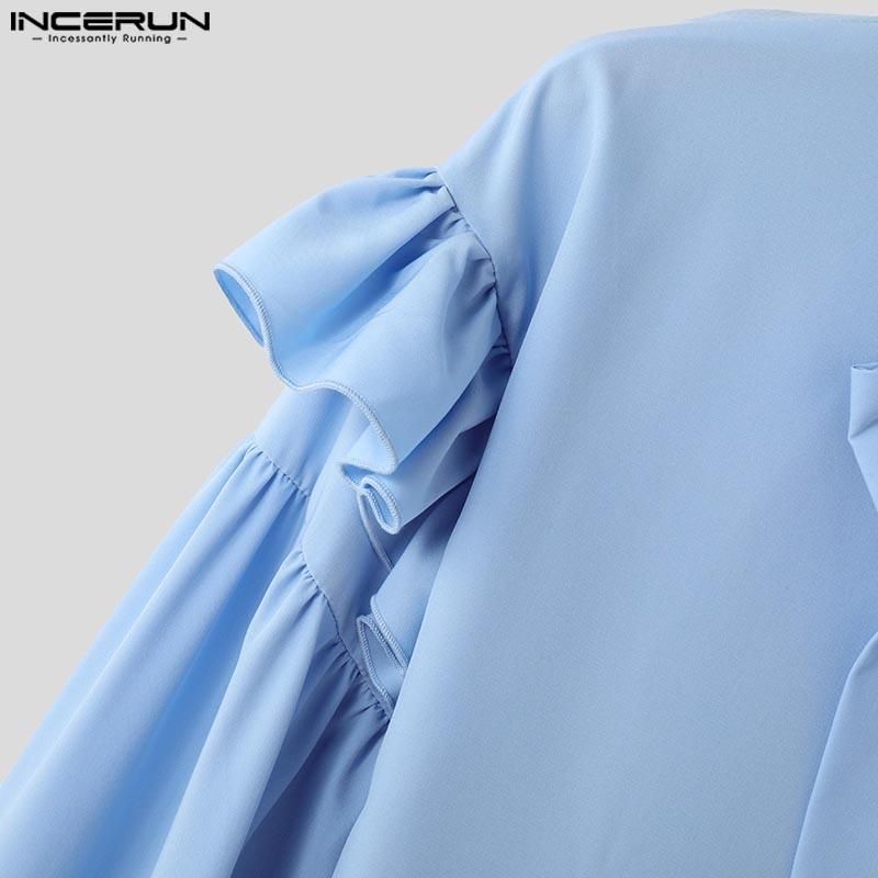 INCERUN Men Elegant Ruffled Neck Shirts Casual Bow Knot Long Sleeve Tops