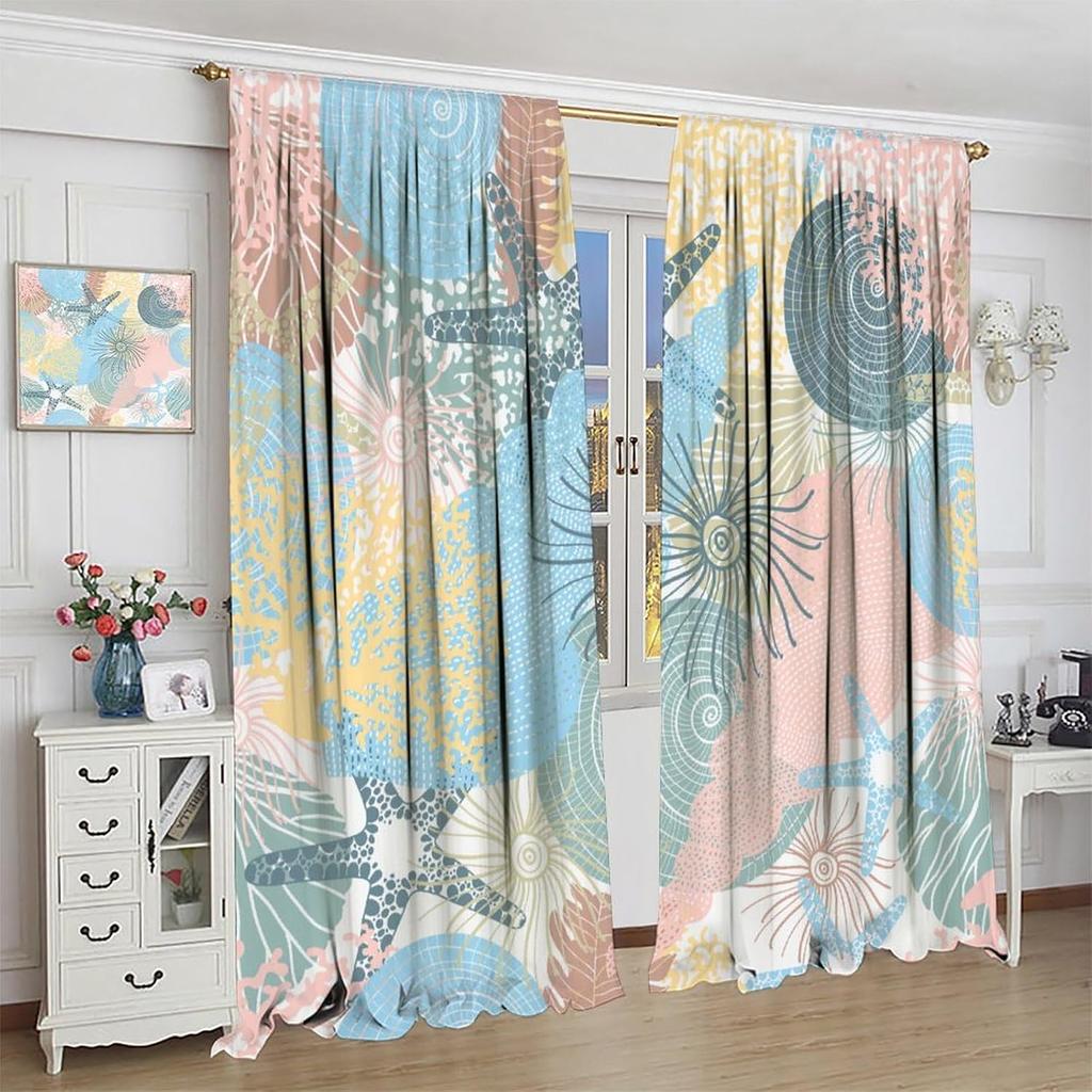 Soft Marine Shell Curtain Panels, Multicolor Starfish Coral Minimalist Sea Pattern Drapes for Seaside Homestay Decoration