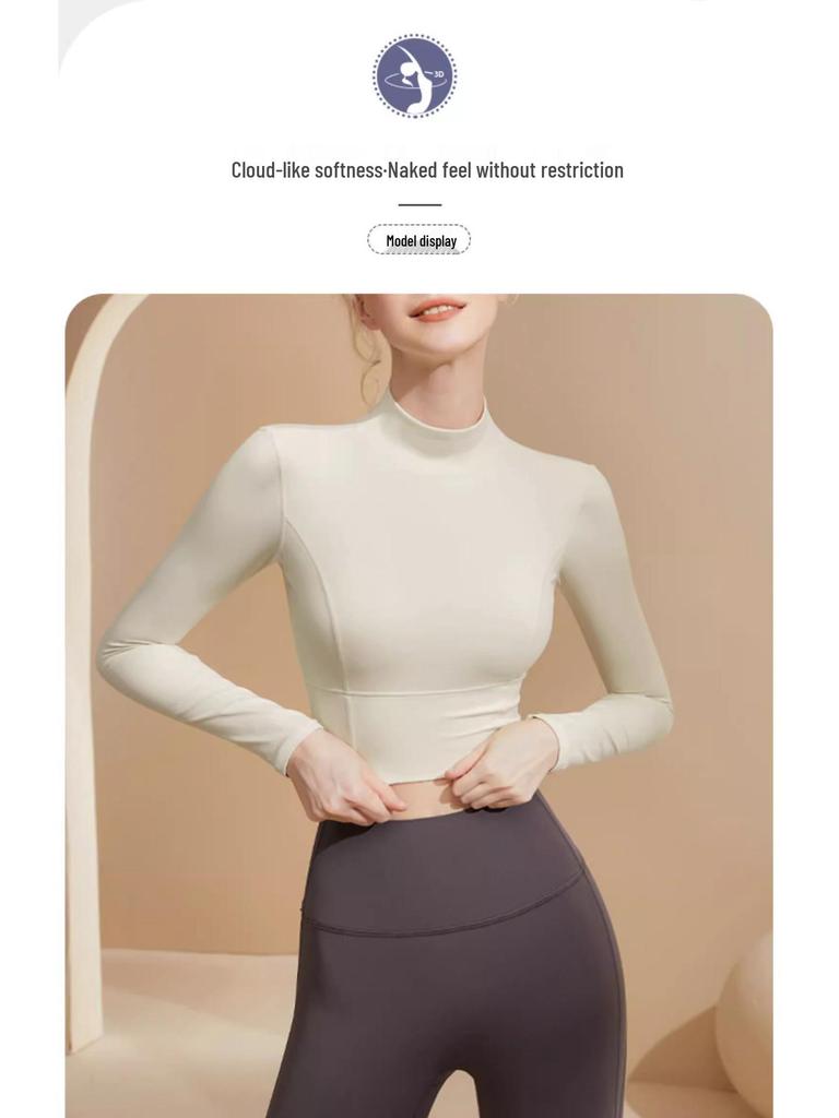 Приталенный костюм для йоги с высоким воротом и нагрудными вкладышами - женский фитнес-топ с длинным рукавом для бега и пилатеса (осень)
