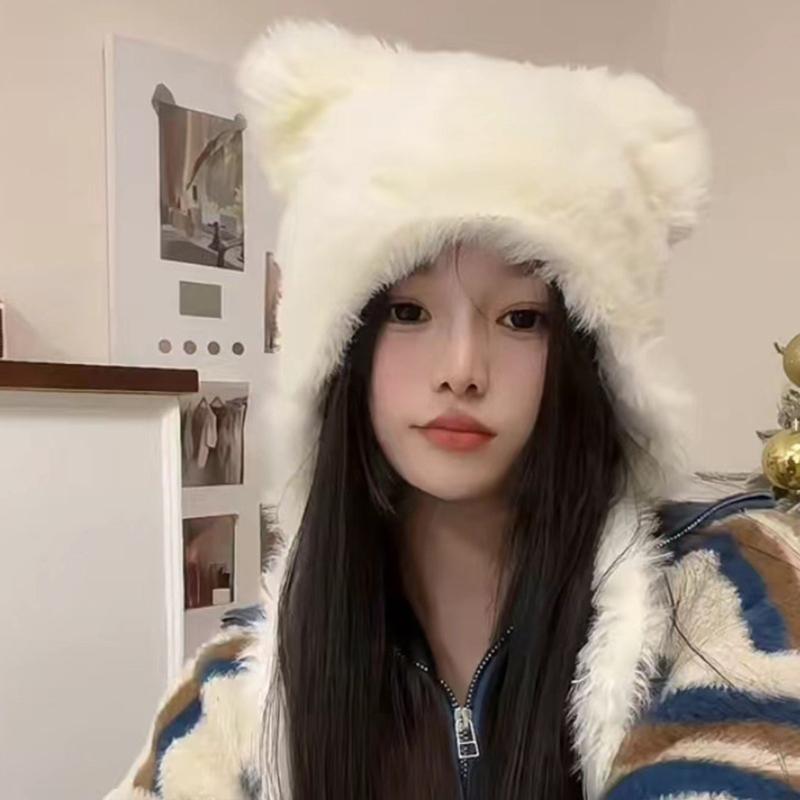 Зимняя теплая плюшевая шапка для женщин, забавная шапка с медвежьими ушками, шапка-капюшон, шапка-череп, шапка для активного отдыха на открытом воздухе, ветрозащитный головной убор, шапка-пуловер