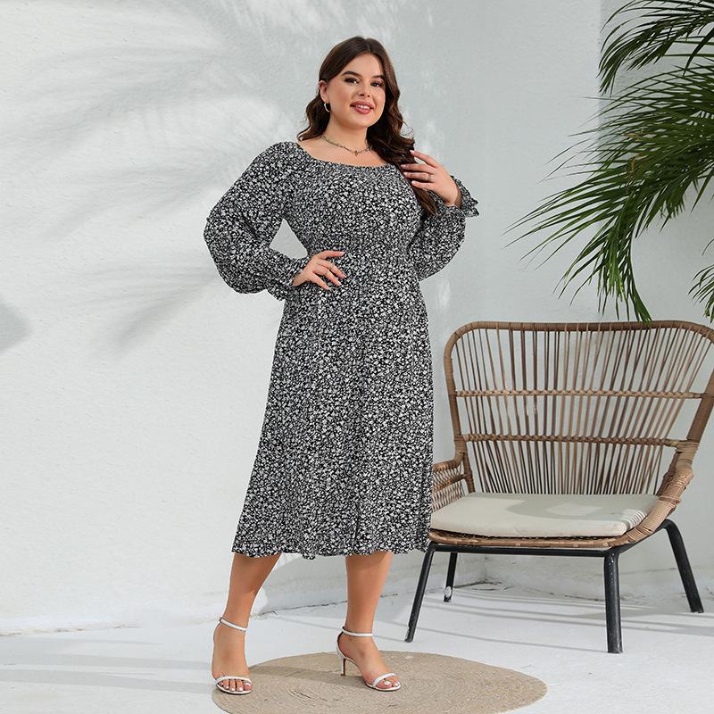 Весеннее женское платье размера плюс с длинным рукавом с цветочным принтом и эластичной резинкой на талии Элегантное длинное платье с рюшами и рукавами