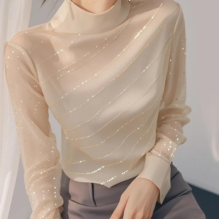 French Light Luxury High-end Sense of Fine Flashing Blouse Temperament Blouse Sequined Long-sleeved Women's Spring and Summer