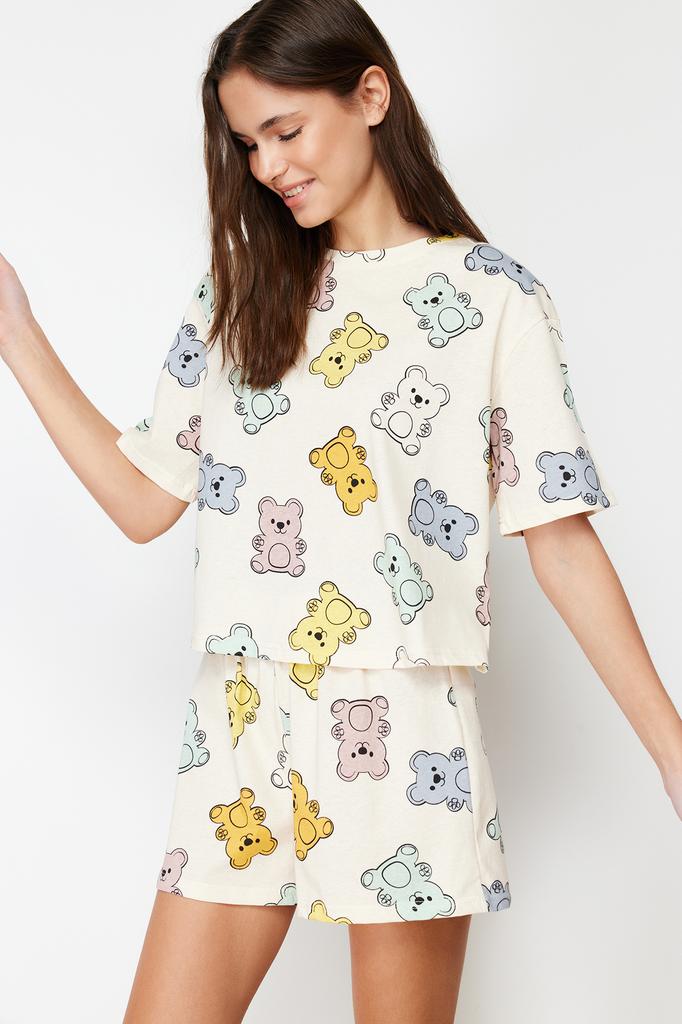 Women's Style Homewear Sleepwear White Multicolored 100% Cotton Fun Patterned Knitted Pajama Set