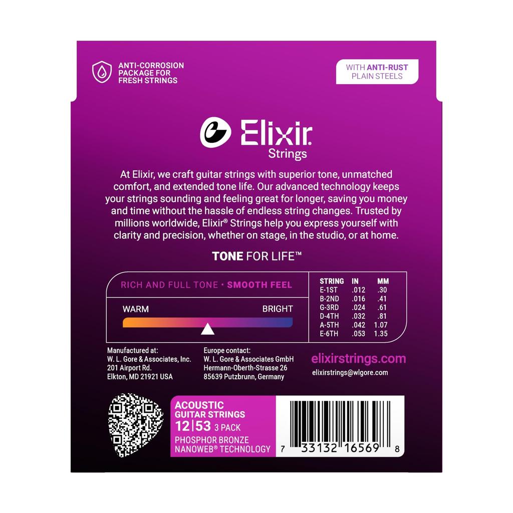 Elixir Acoustic Guitar Promotional NANOWEB Phosphor Bronze Strings, 3-Pack Pack, Light, .012-.053, #16569 (16052, 3-Pack)