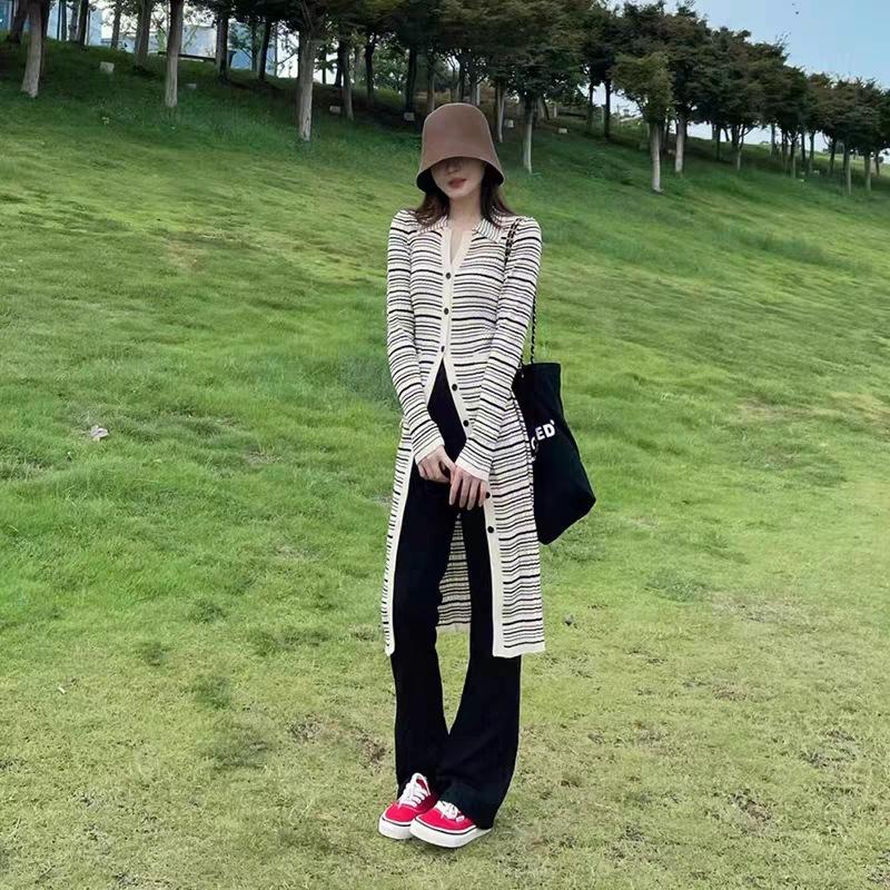 Vintage Polo Collar Cardigan Striped Dress Jacket Women's Autumn and Winter New High-end Design Hip Skirt Women
