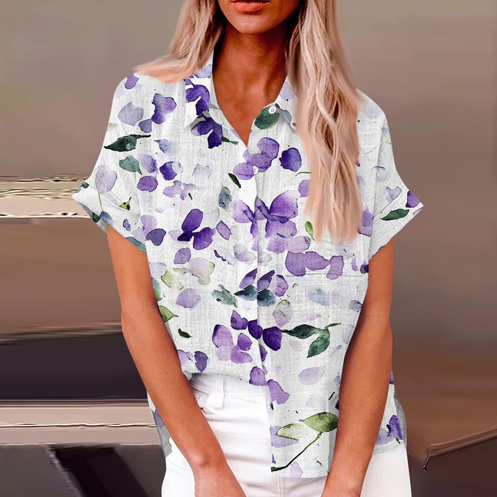 Женская модная свободная повседневная рубашка с коротким рукавом и отворотом на пуговицах, футболка с принтом, топ